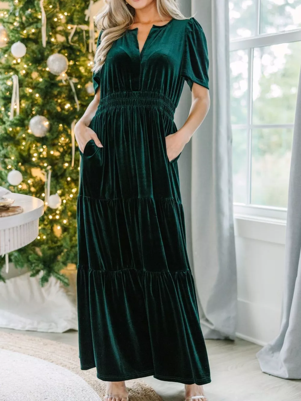 Velvet Tiered Short Sleeve Maxi Dress, image 3