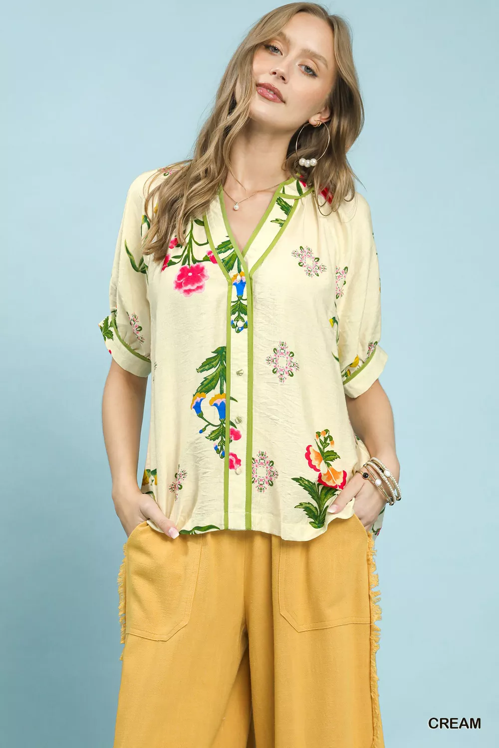 Botanical Print Contrast Trim Button Blouse