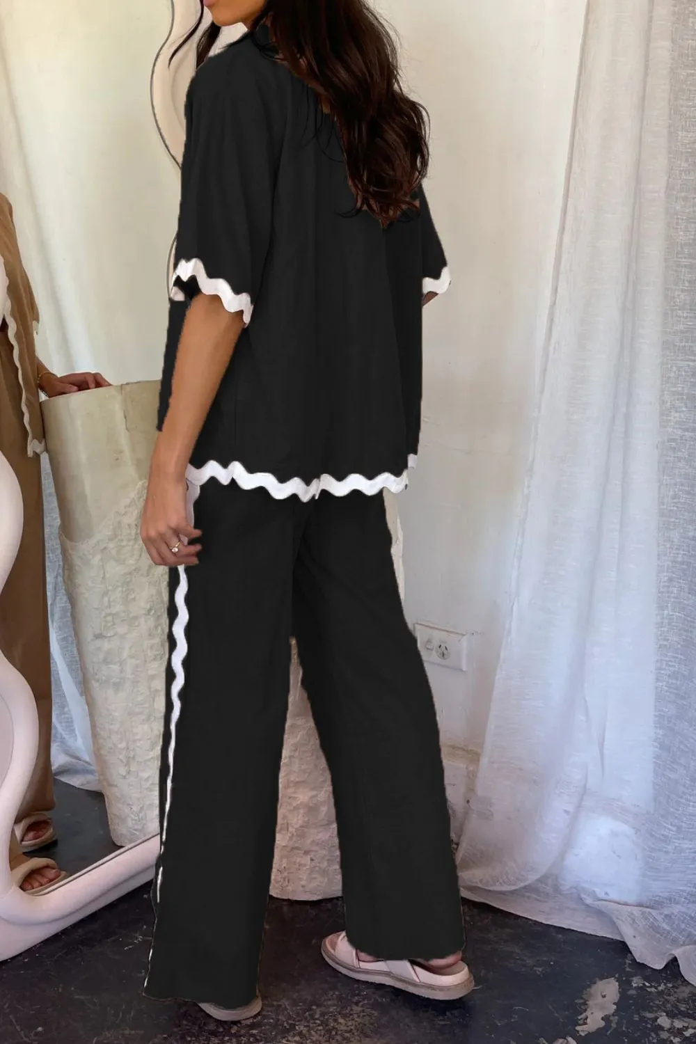 Contrast Trim Half Sleeve Top and Pants Set, image 2