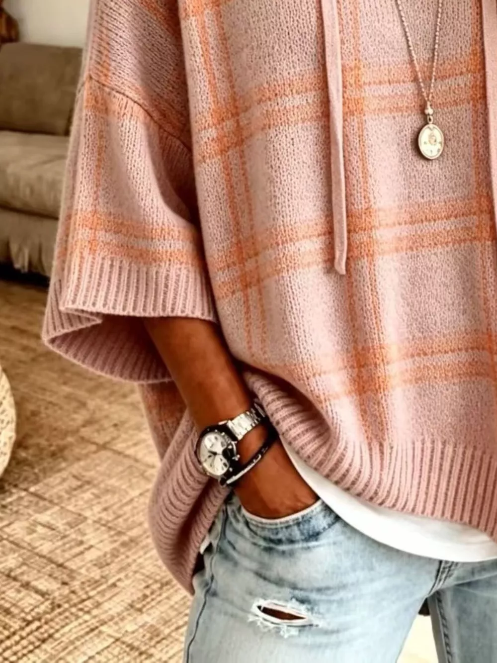 Plaid Hooded Knit Sweater, image 4