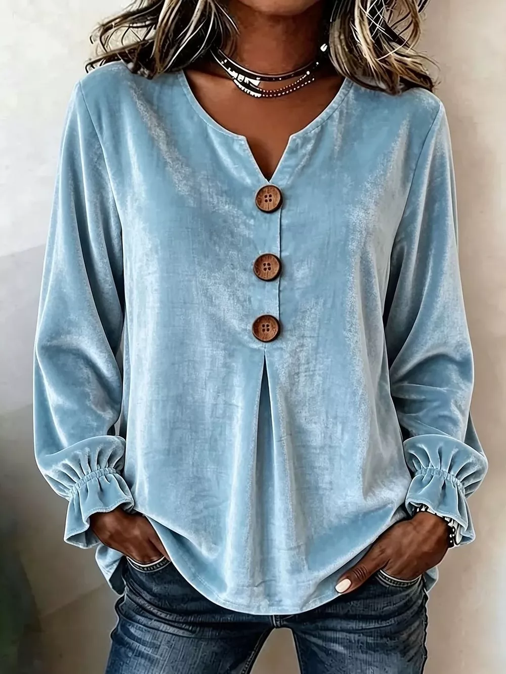 Full Size Velvet Button Decor Blouse with Ruffled Cuffs Plus Size, image 4