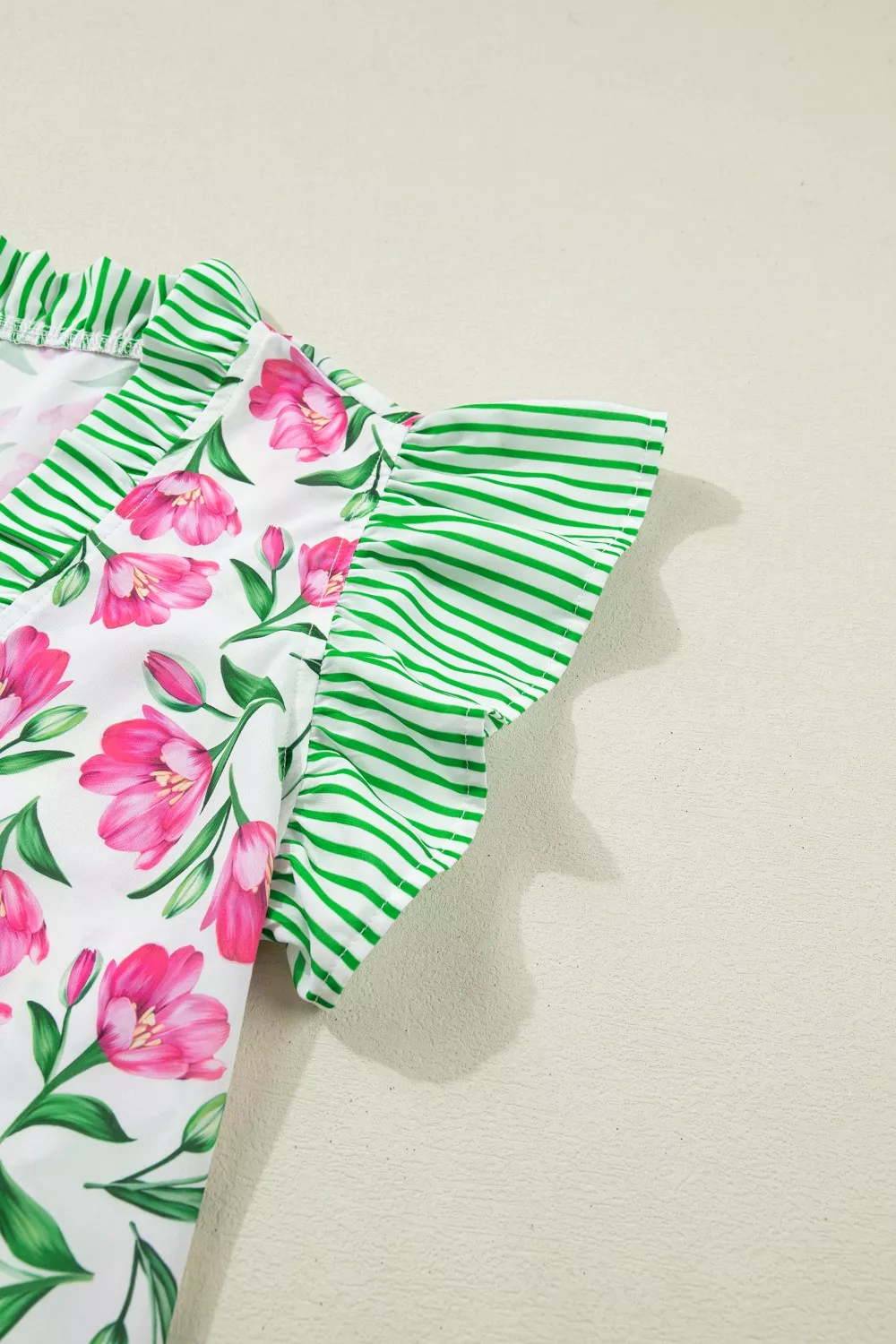 Floral Print Striped Ruffle Trim V Neck Blouse, image 9