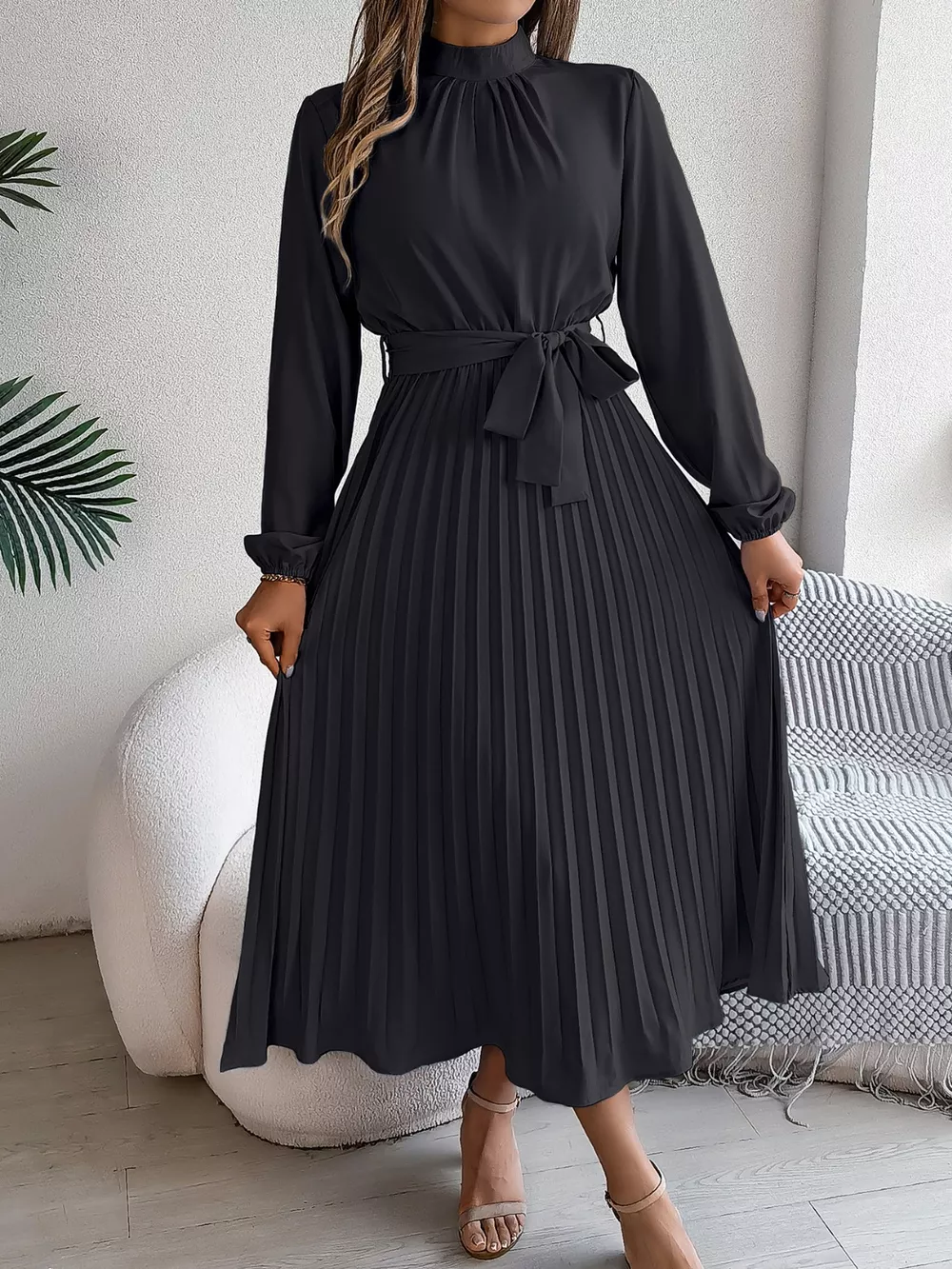Mock Neck Pleated Midi Dress, image 5