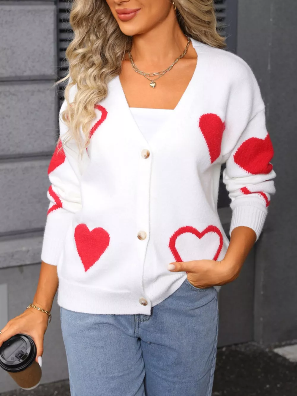 Valentine's Day Heart Pattern Button-Up Knit Cardigan, image 8