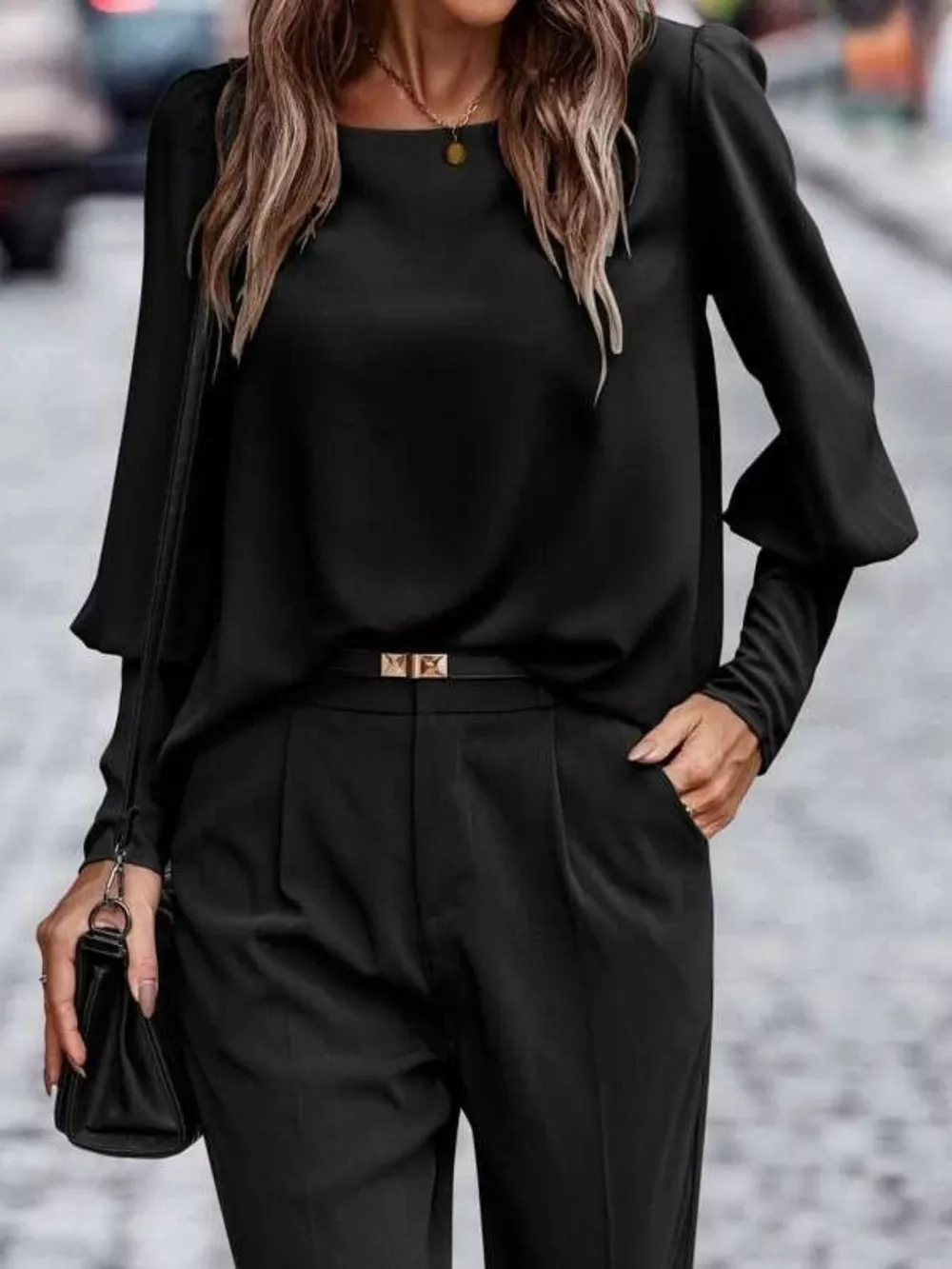 Back Button Lantern Sleeve Blouse, image 2