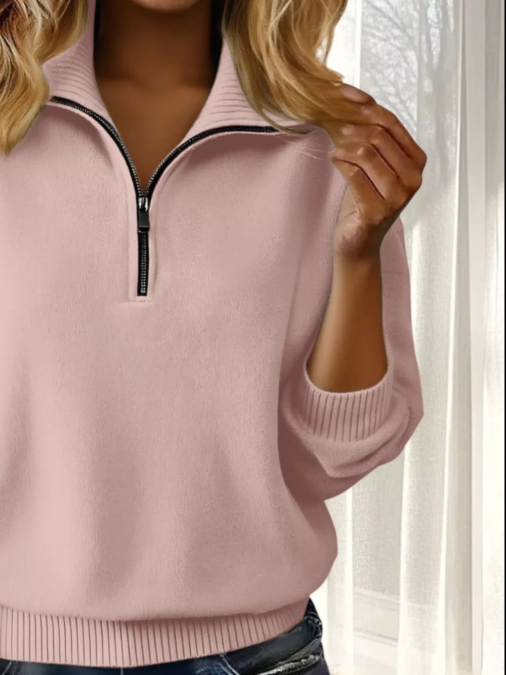 Full Size Half Zip Dropped Shoulder Sweater Plus Size, image 9