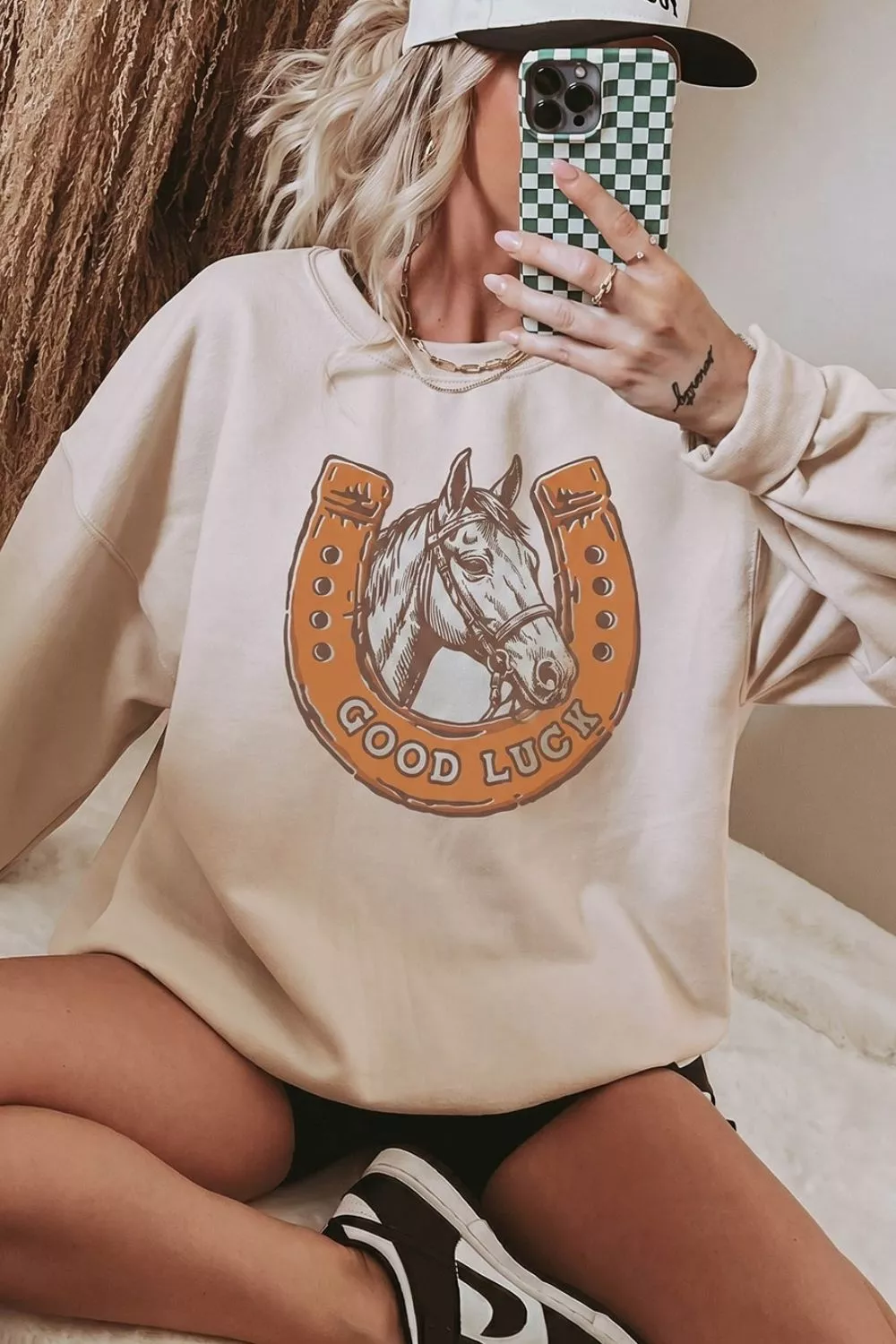 GOOD LUCK Western Horse Print Oversized Pullover Sweatshirt, image 3