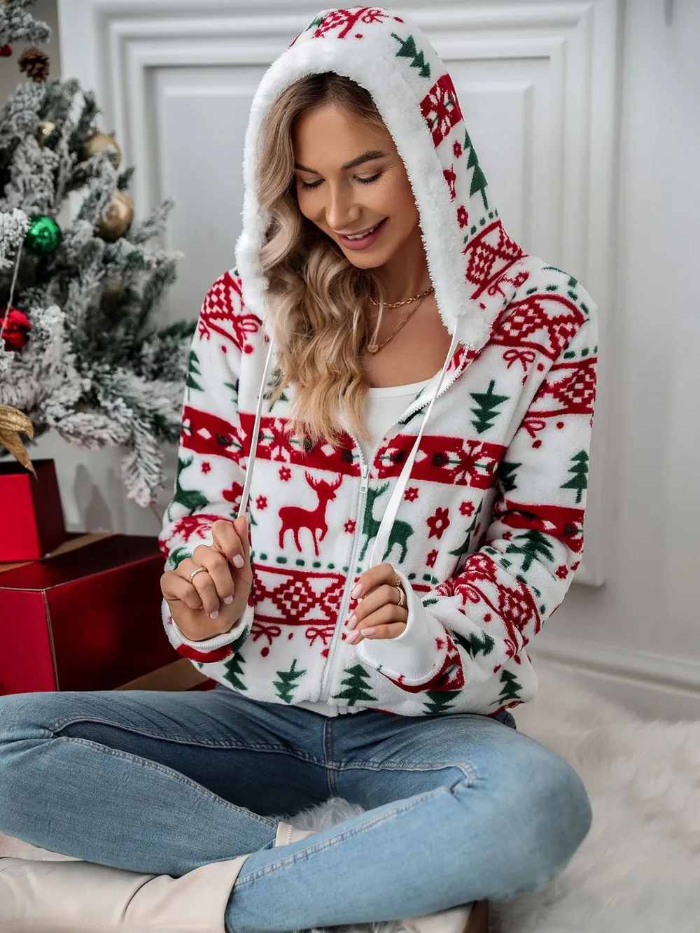Drawstring Christmas Element Zip Up Hooded Jacket, image 3