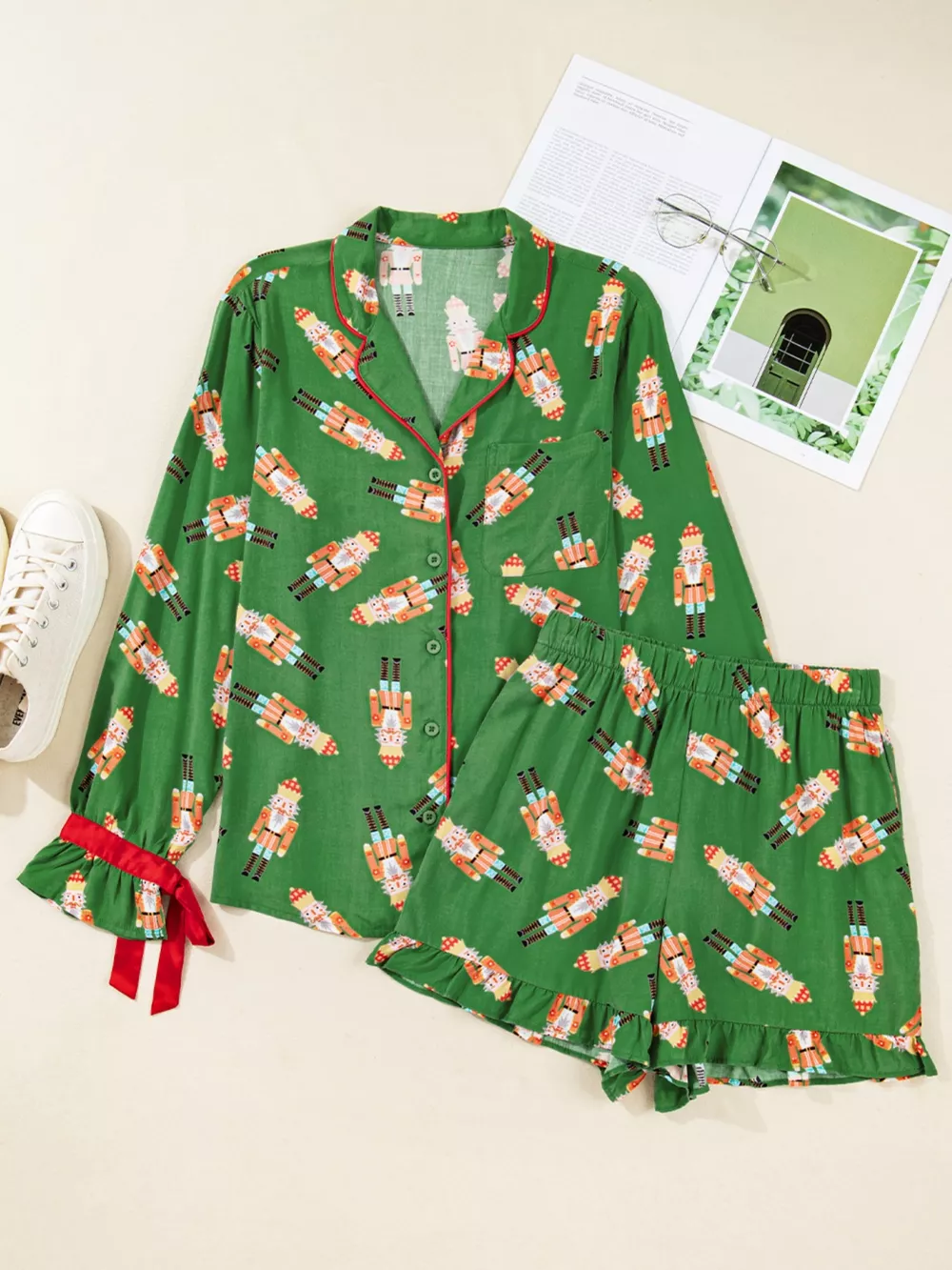 Christmas Nutcracker Button Up Top and Shorts Lounge Set, image 3