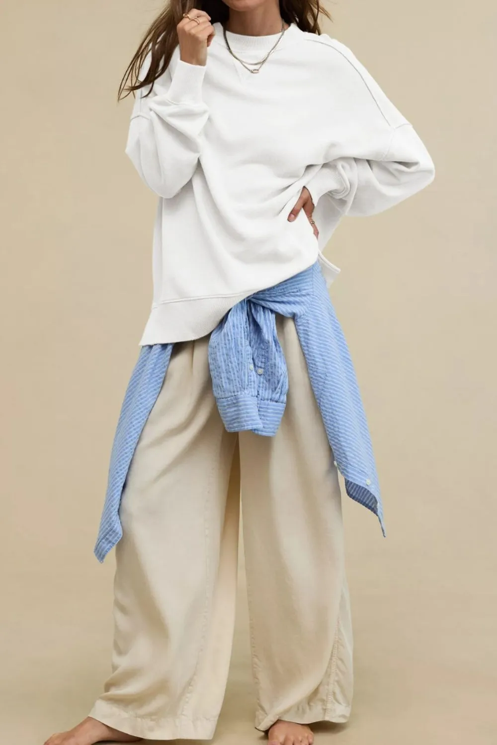 Side Slit Round Neck Long Sleeve Sweatshirt, image 11