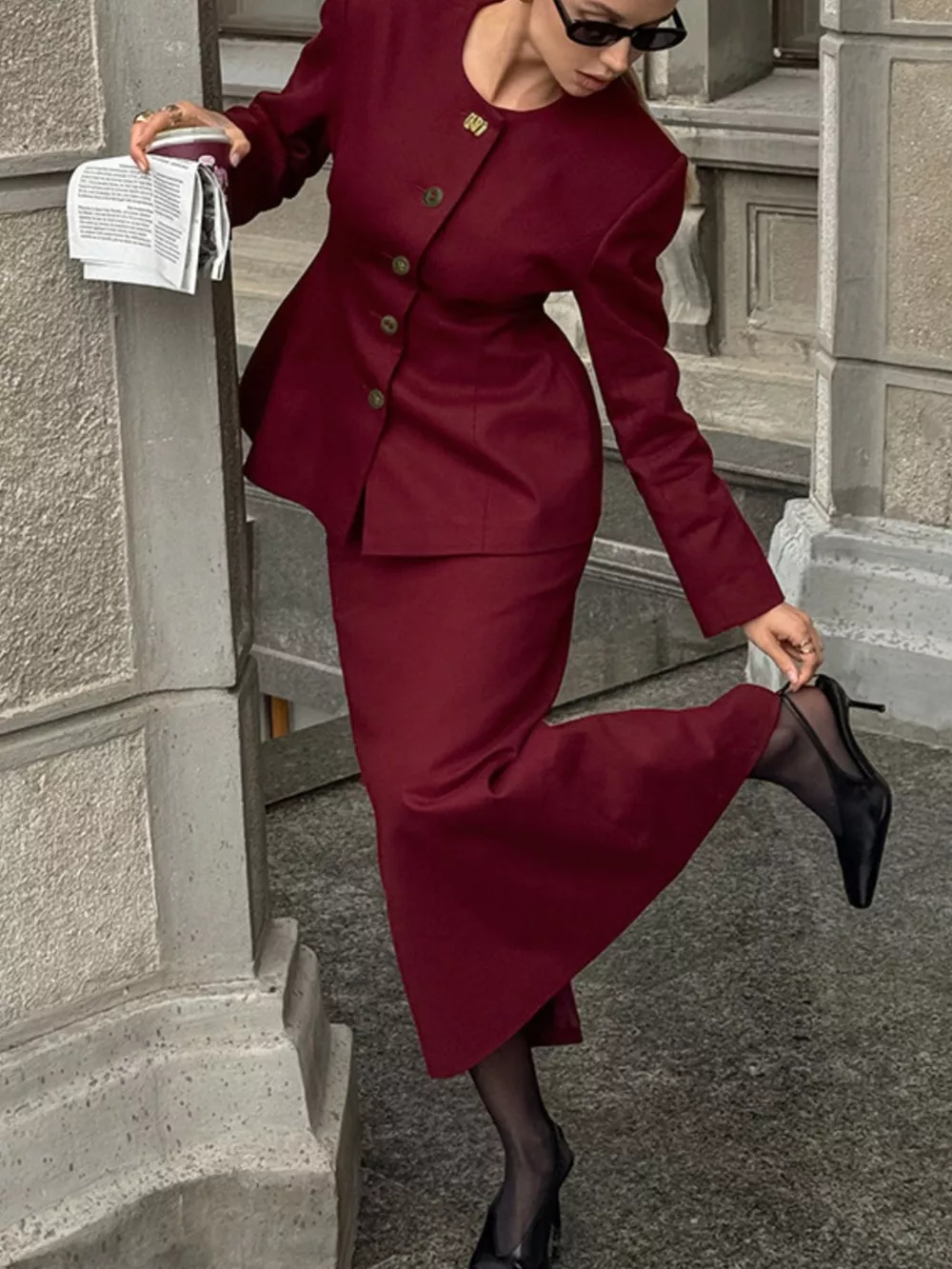 Button Up Peplum Blazer & Skirt Set, image 3