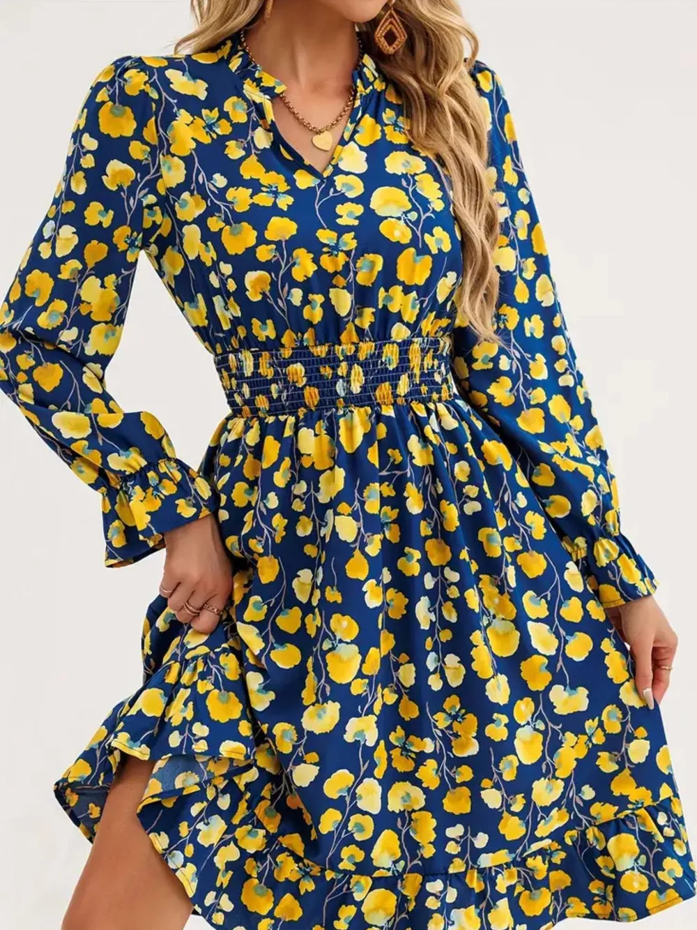 Floral Notched Flounce Sleeve Dress, image 7