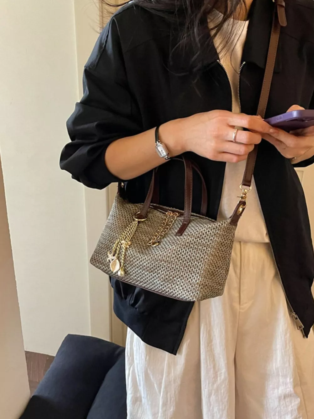 Woven Crossbody Bag with Gold Chain Accents, image 2