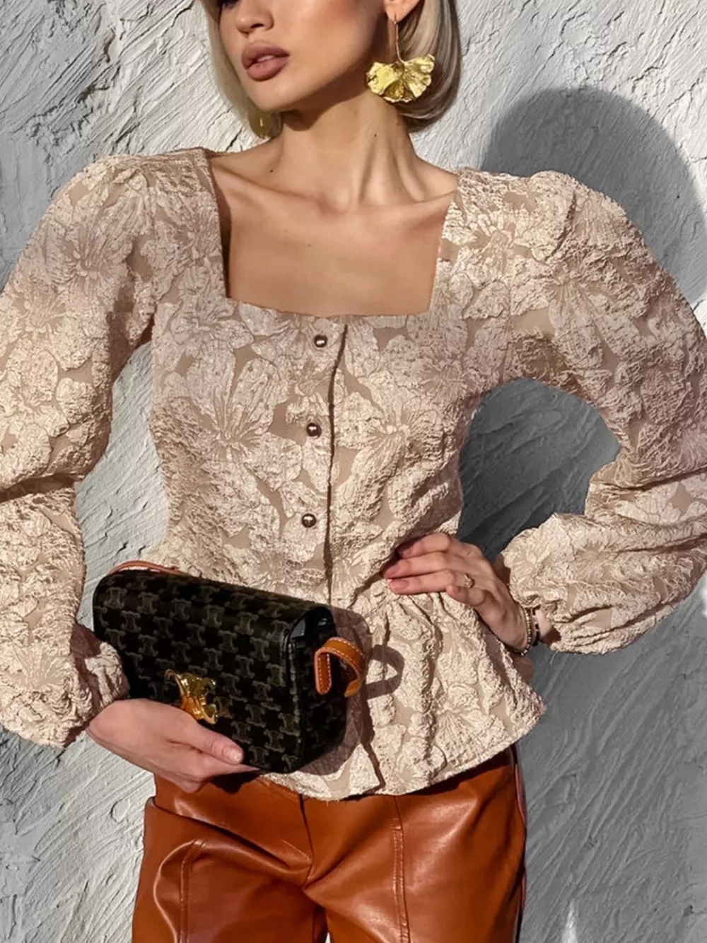 Textured Square Neck Balloon Sleeve Shirt, image 3