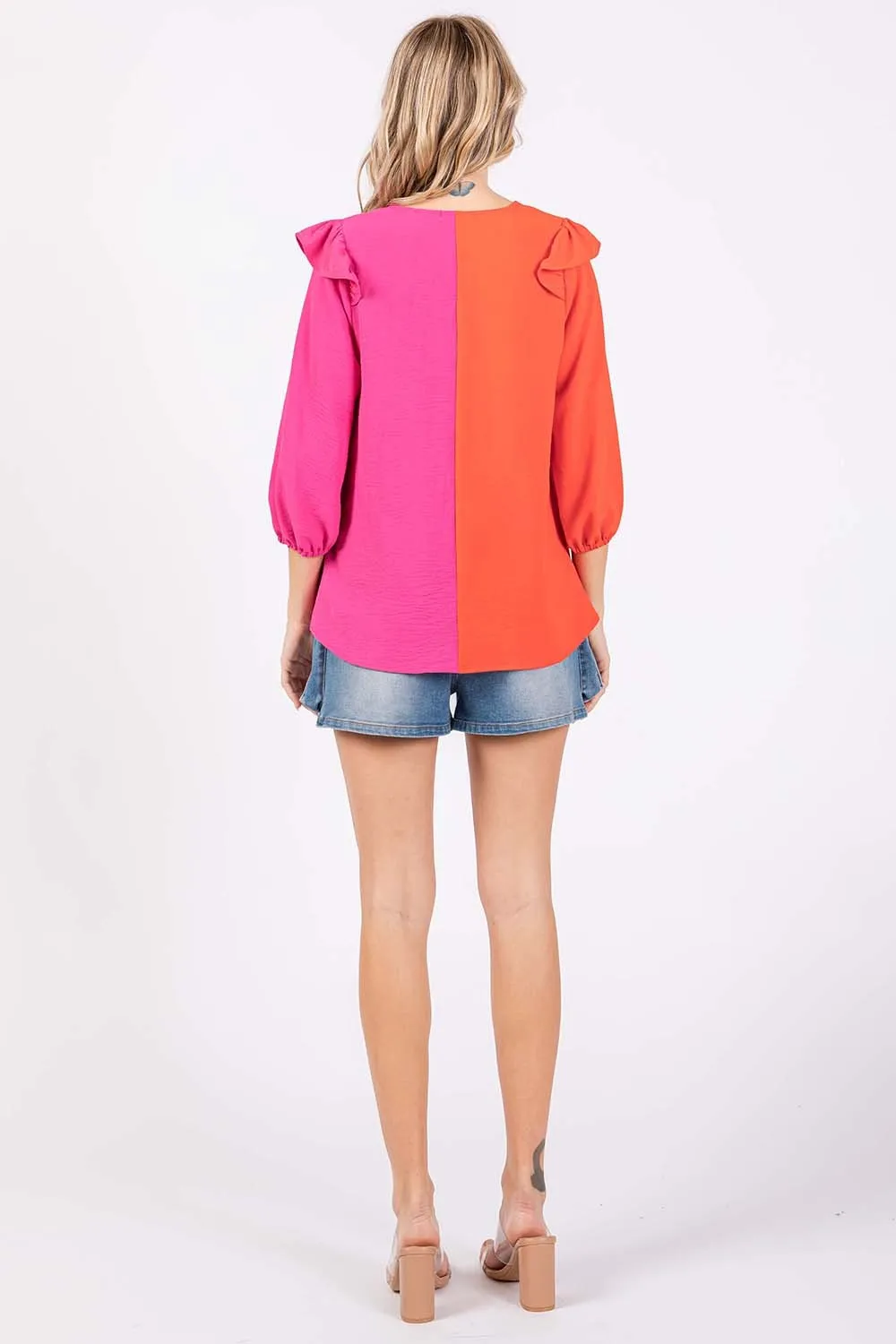 Full Size Ruffle Trim Contrast Blouse, image 5