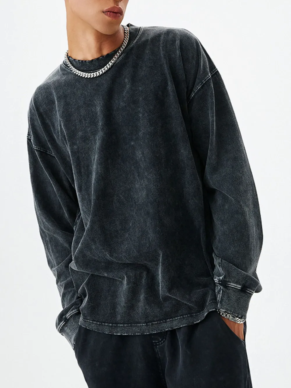 Men's Washed Round Neck Dropped Shoulder Sweatshirt, image 2