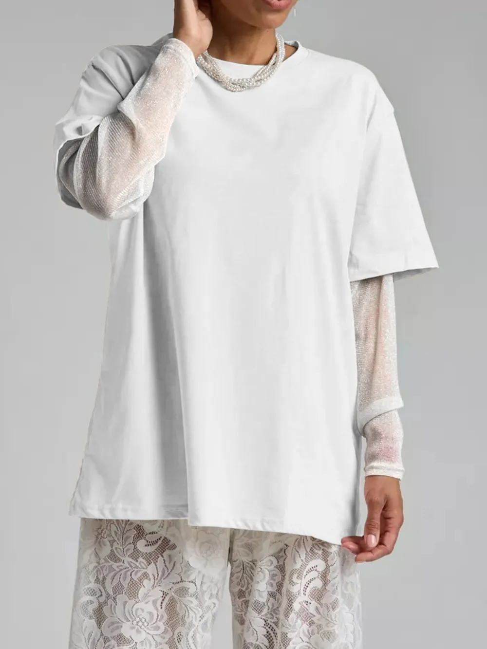 Faux Layered Round Neck Mesh Sleeve Top, image 17