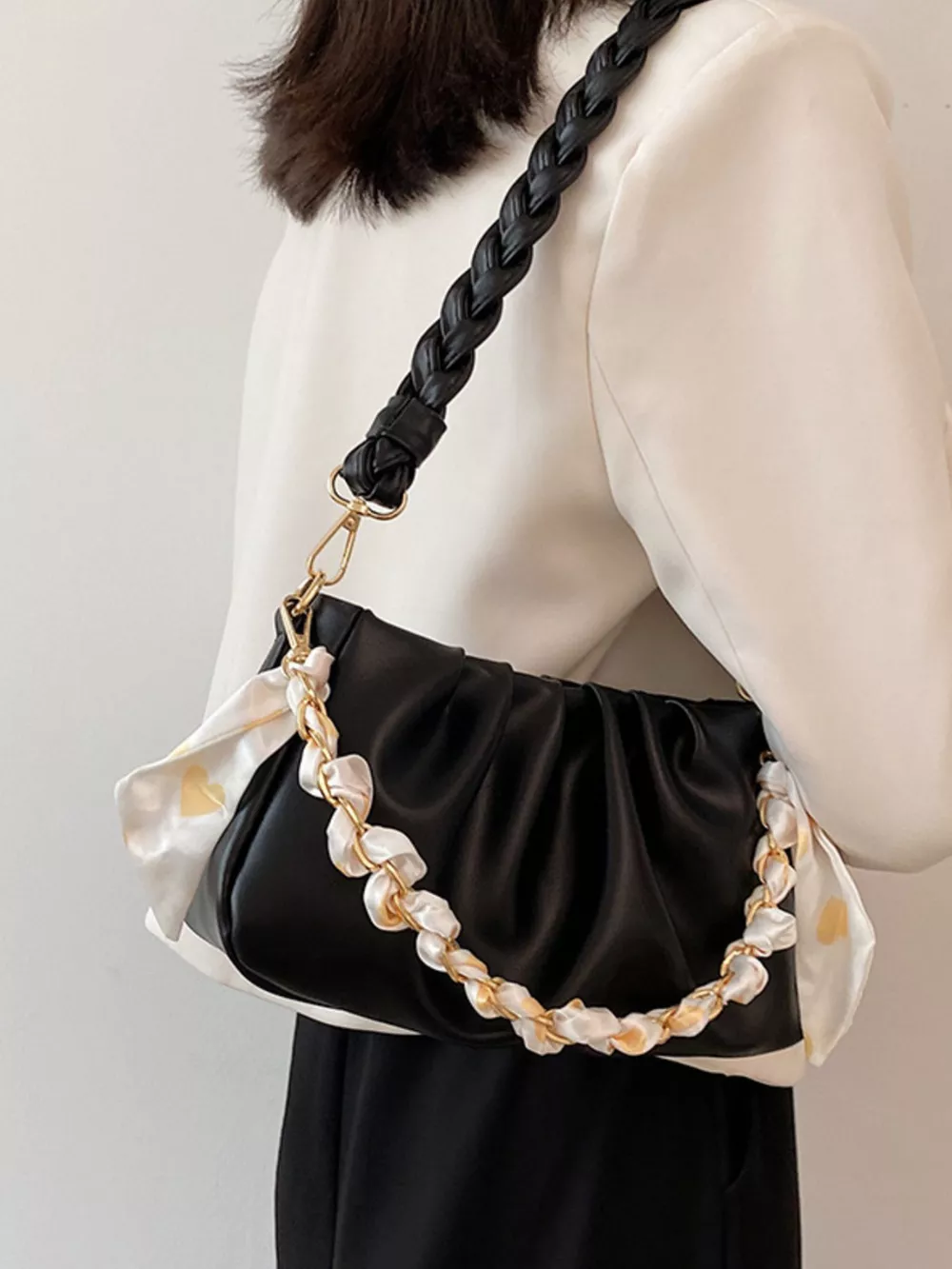 Ruched Braided Handle Shoulder Bag, image 10
