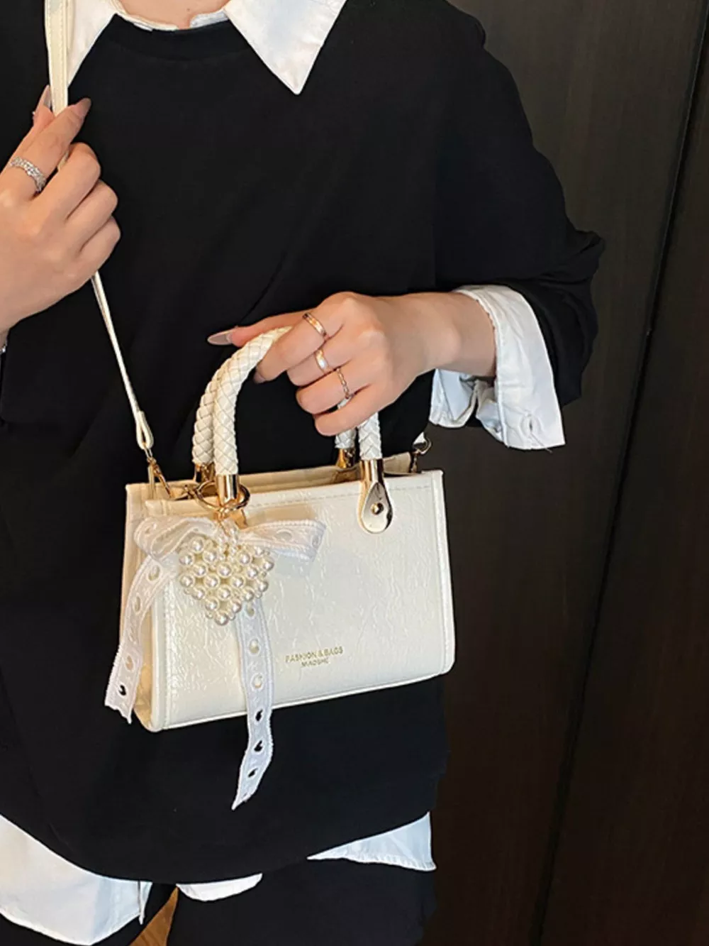 Braided Handle Pearl Decor Crossbody Bag, image 3