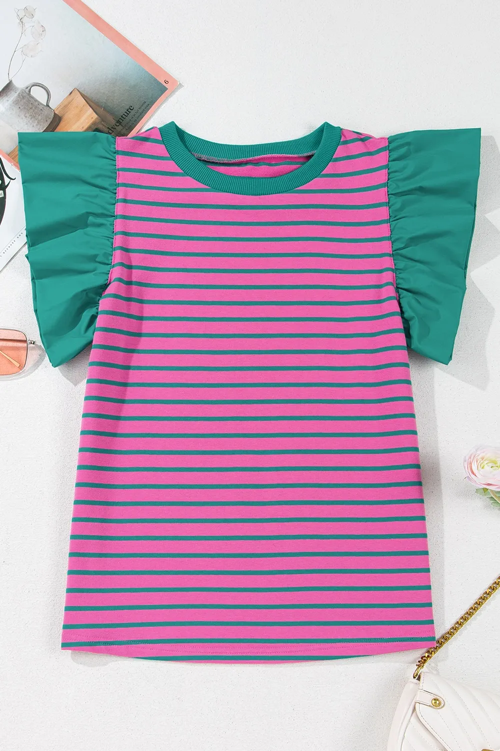 Striped Round Neck Cap Sleeve Blouse, image 2