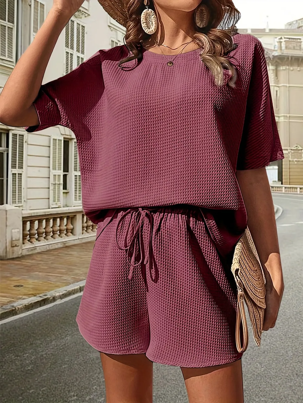 Waffle-Knit Half Sleeve Top and Shorts Set, image 5