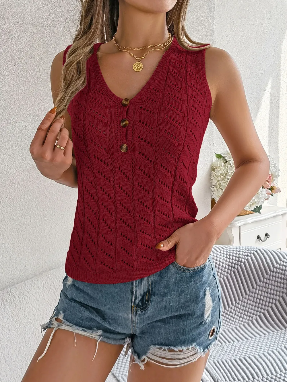 Openwork V-Neck Knit Vest, image 8
