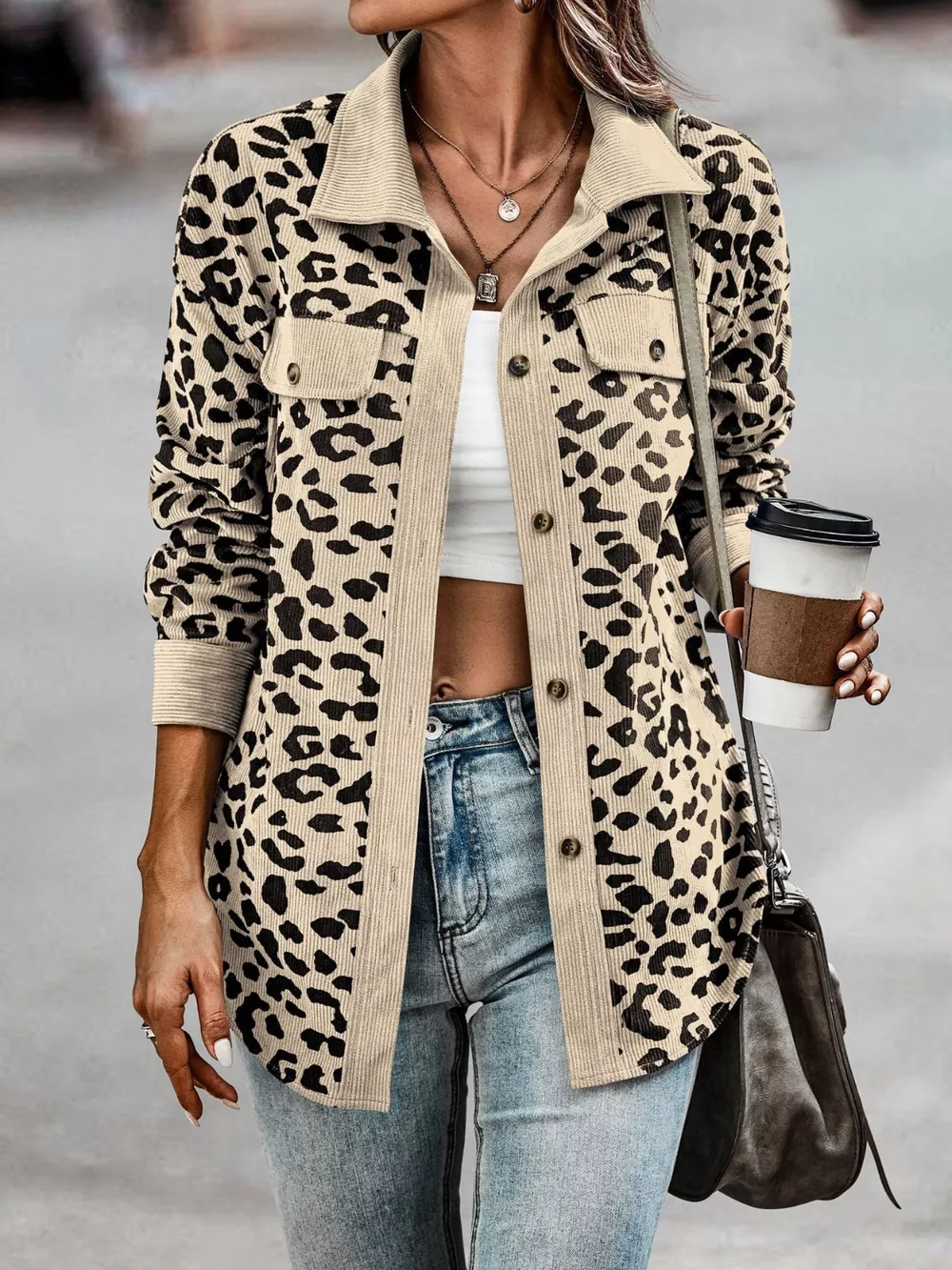 Full Size Leopard Print Button-Down Jacket Plus Size, image 5