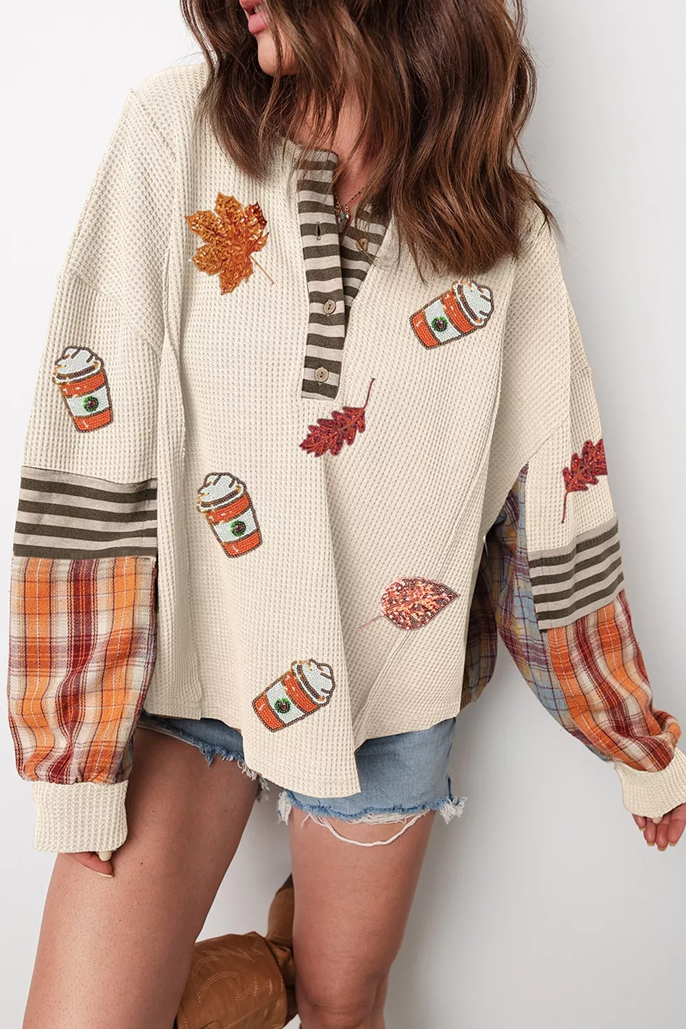 Sequin Autumn Leaf & Coffee Cup Waffle Knit Top, image 3