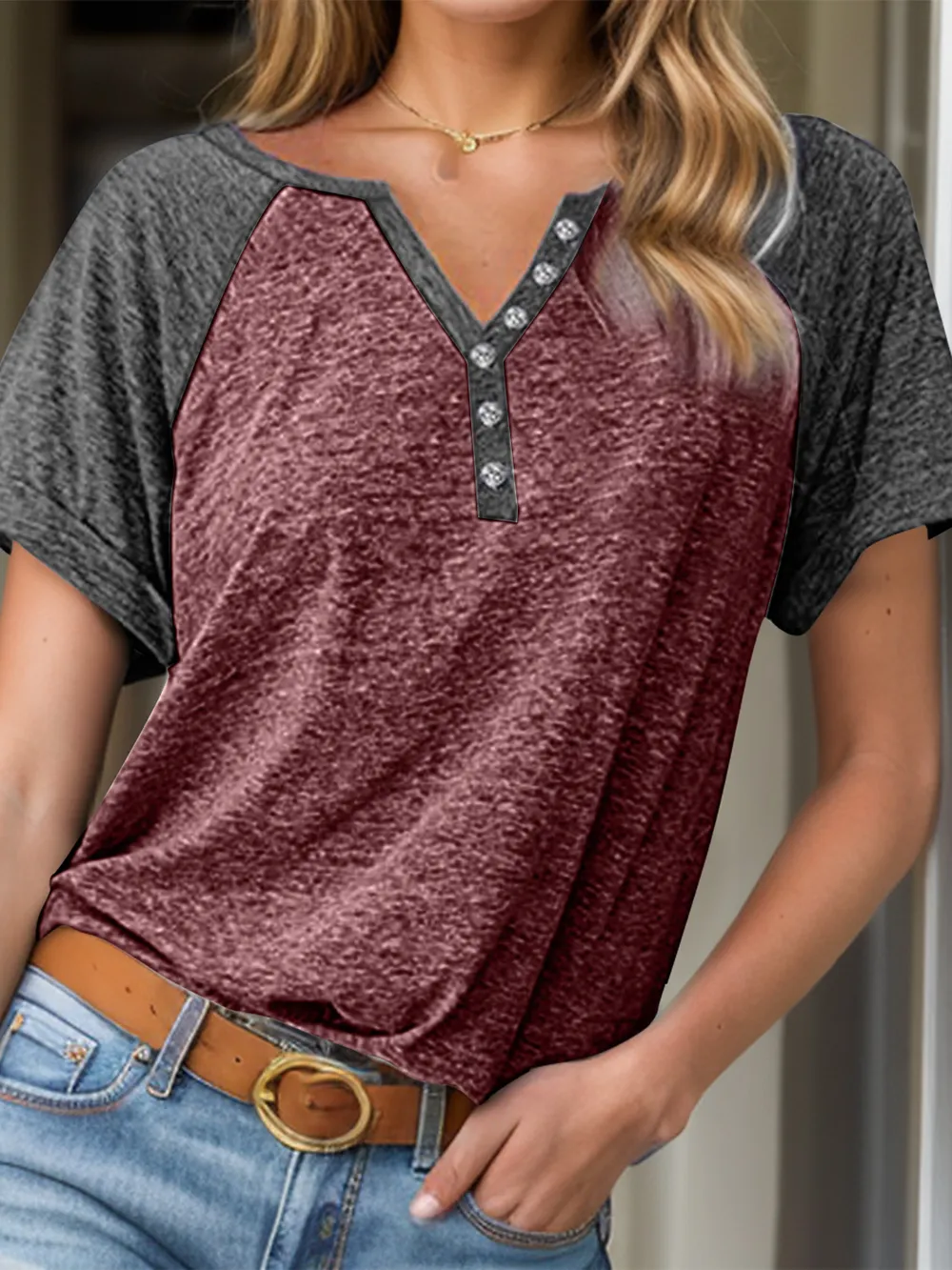 Contrast Notched Short Sleeve T-Shirt, image 11