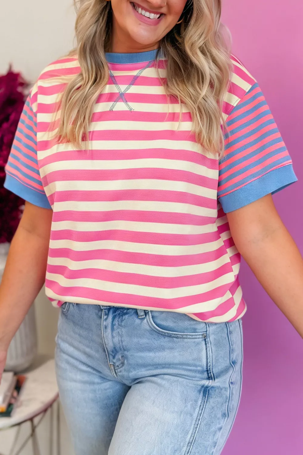 Stripe Contrast Patchwork Short Sleeve Loose Tee, image 2