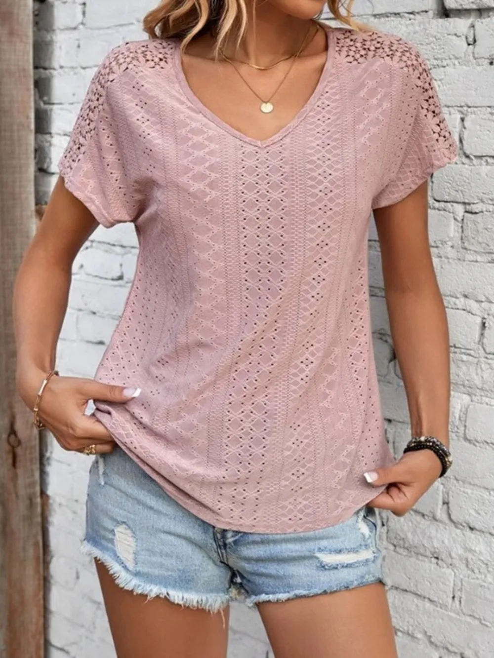 Eyelet V-Neck Short Sleeve T-Shirt, image 13