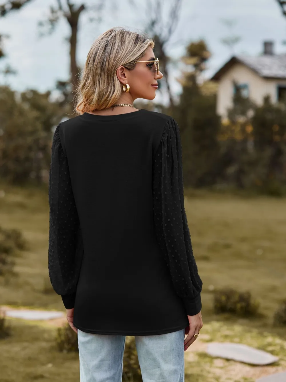 Swiss Dot V-Neck Long Sleeve Blouse, image 3
