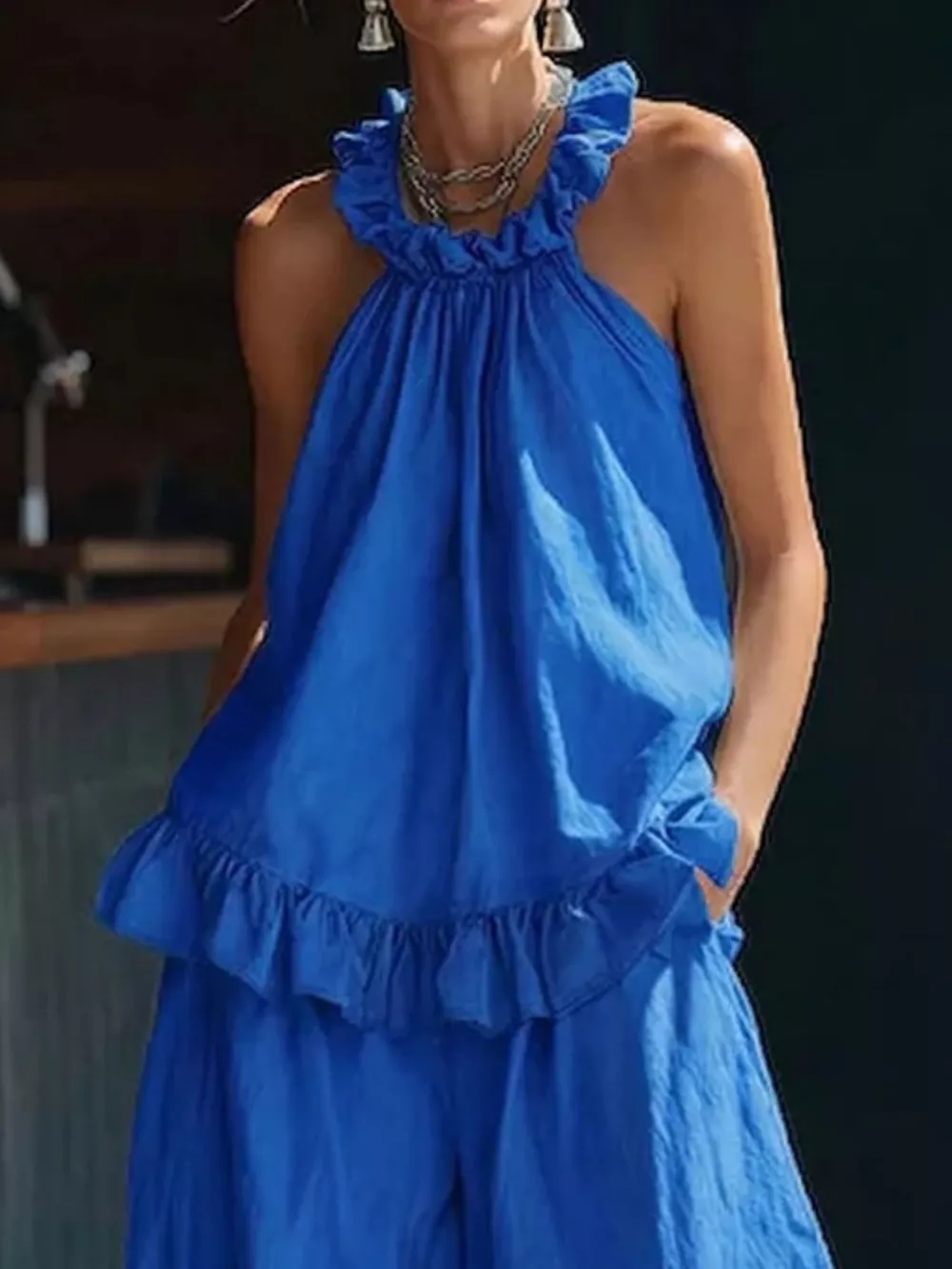 Full Size Ruffled Halter Neck Top and Wide-Leg Pants Set Plus Size, image 3