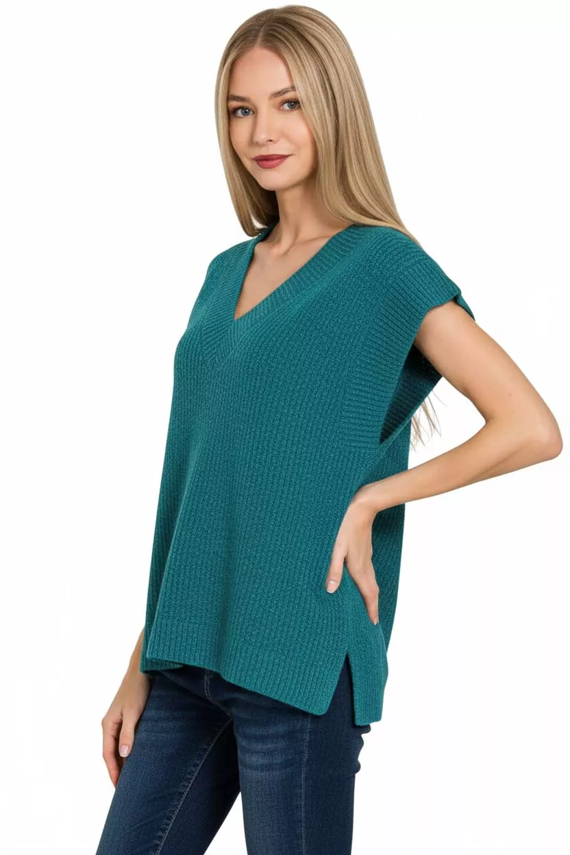Ribbed Slit V-Neck Sweater Vest, image 3