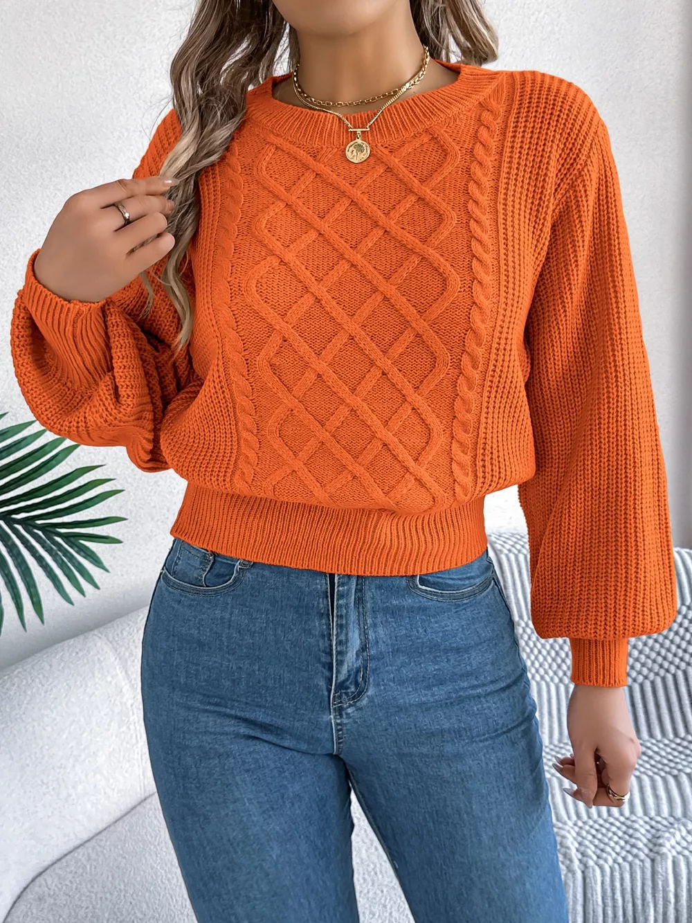 Cable Knit Diamond Pattern Long Sleeve Sweater, image 4