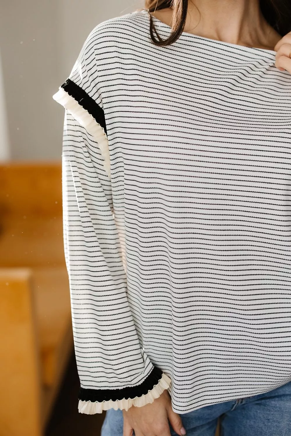 Stripe Contrasted Ruffle Trim Loose Long Sleeve Top, image 5