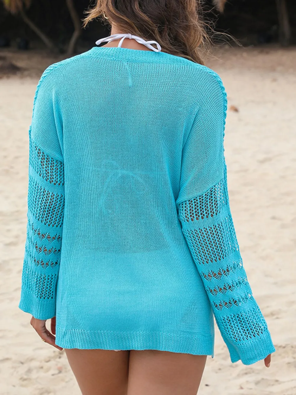 Openwork Notched Long Sleeve Knit Cover Up, image 14