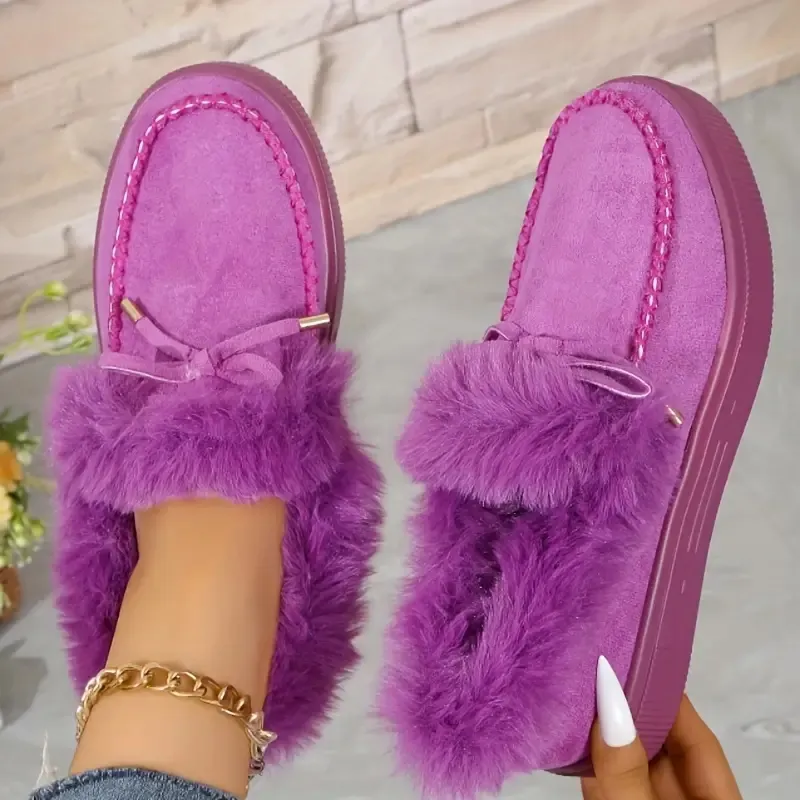 Bow Furry Round Toe Flat Slip-Ons, image 8