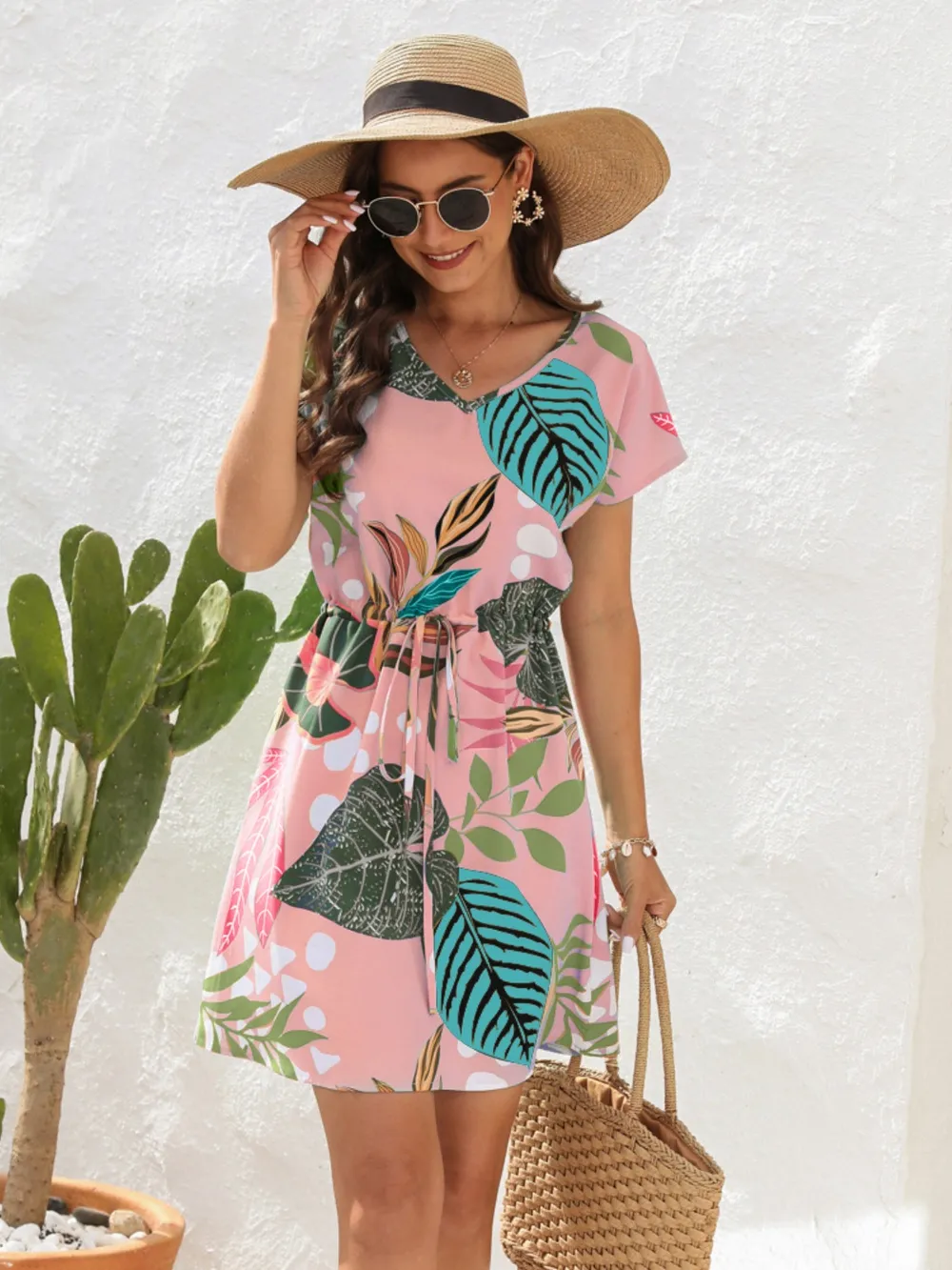 Drawstring Printed V-Neck Mini Dress, image 2