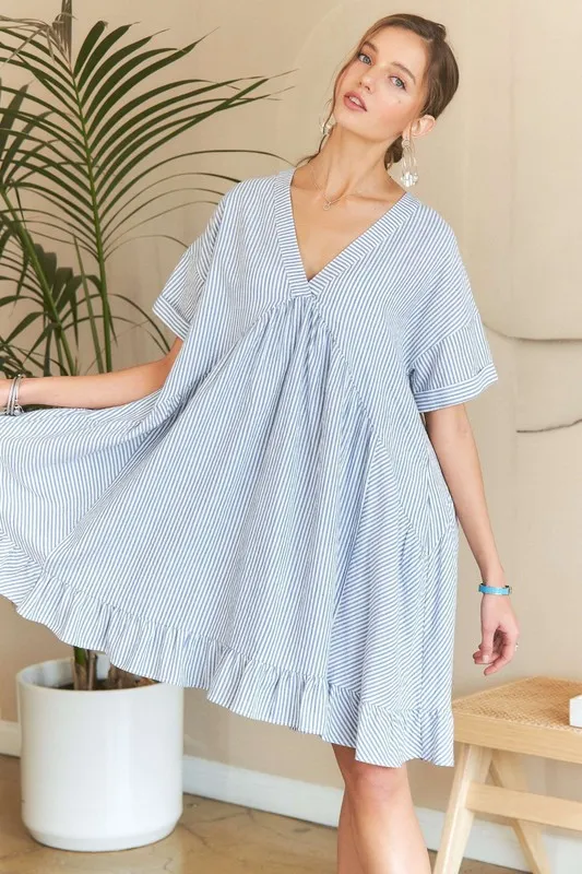 Ruffled Hem Striped V-Neck Babydoll Dress, image 4