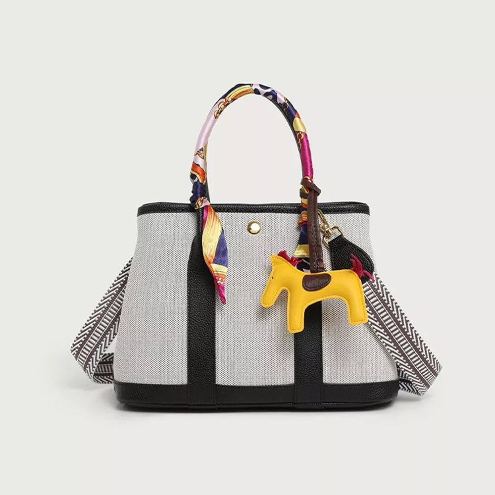 Canvas Handbag with Silk Scarf and Horse Charm