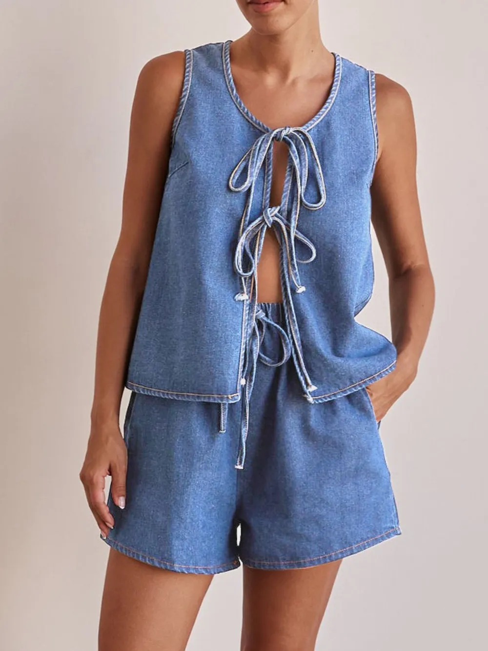 Tie Front Vest and Shorts Denim Set, image 11
