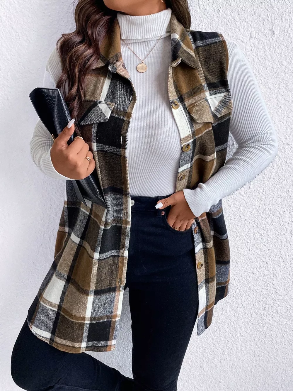 Plus Size Pocketed Plaid Button Up Vest Coat, image 7