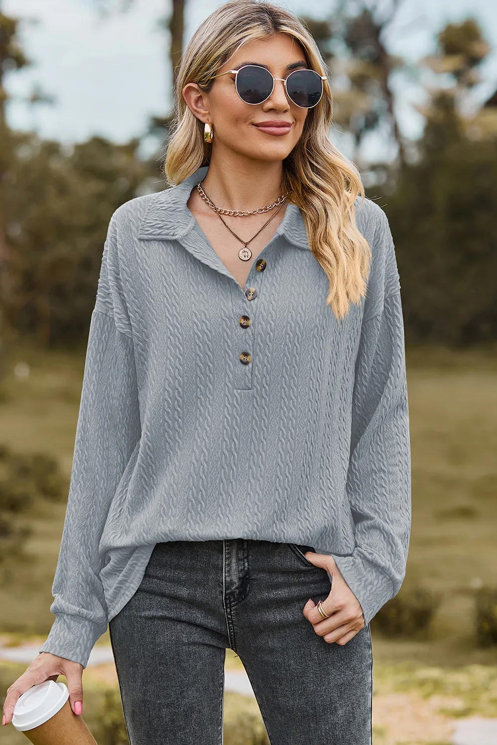 Half Button Dropped Shoulder Blouse, image 10