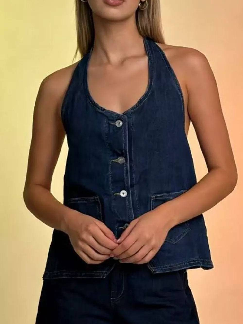 Halter Neck Button-Down Denim Vest, image 2