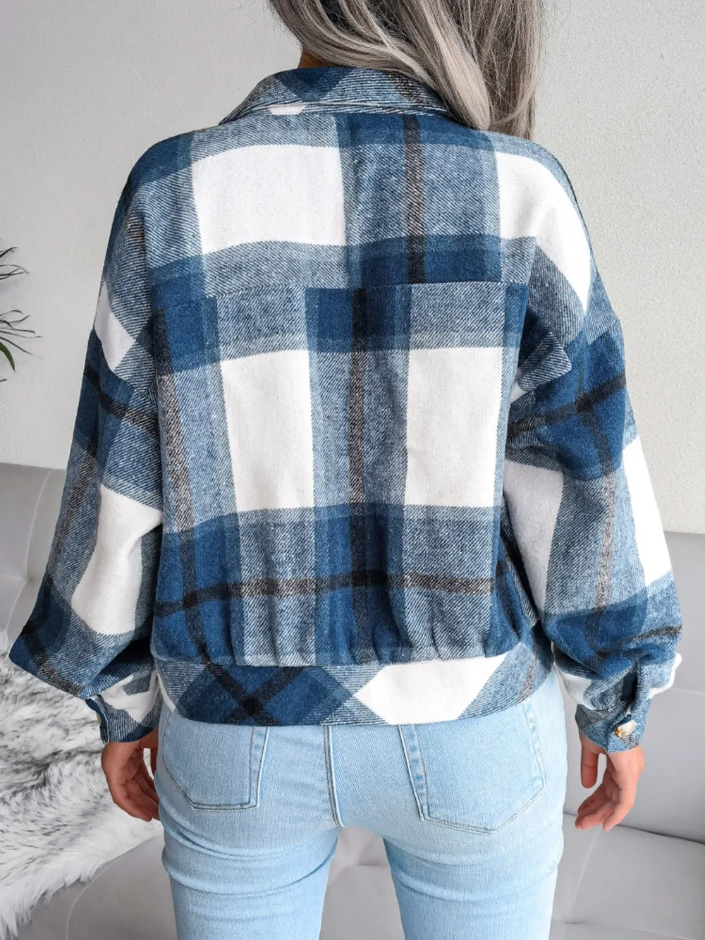 Plaid Collared Neck Long Sleeve Jacket, image 25