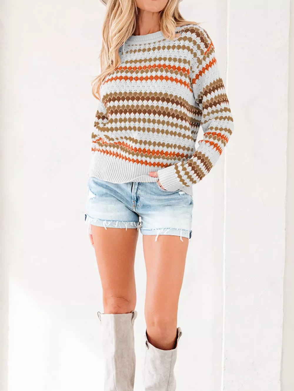 Stripe Eyelet Patterned Drop Shoulder Sweater, image 2