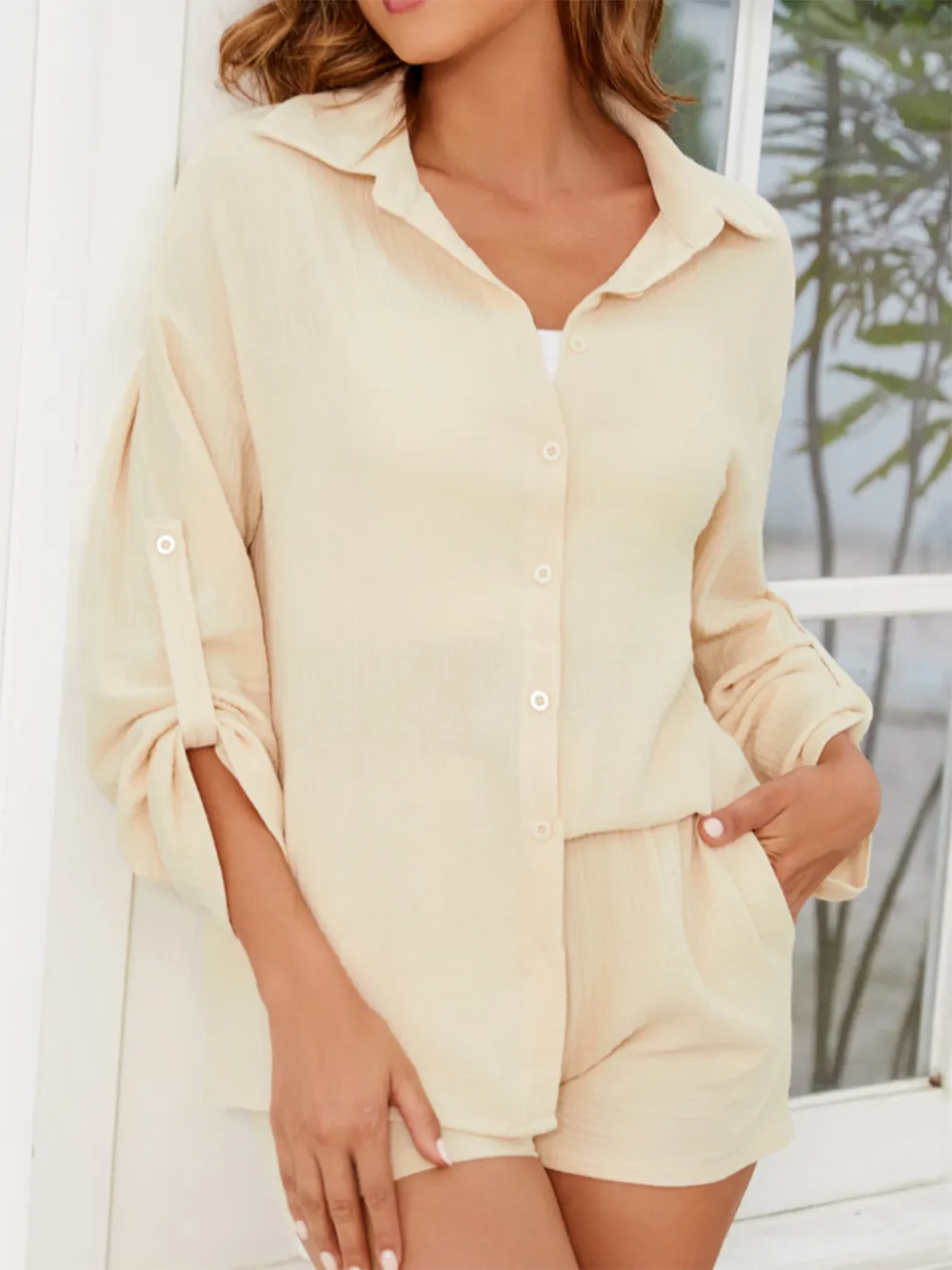 Button Up Long Sleeve Top and Shorts Set, image 2