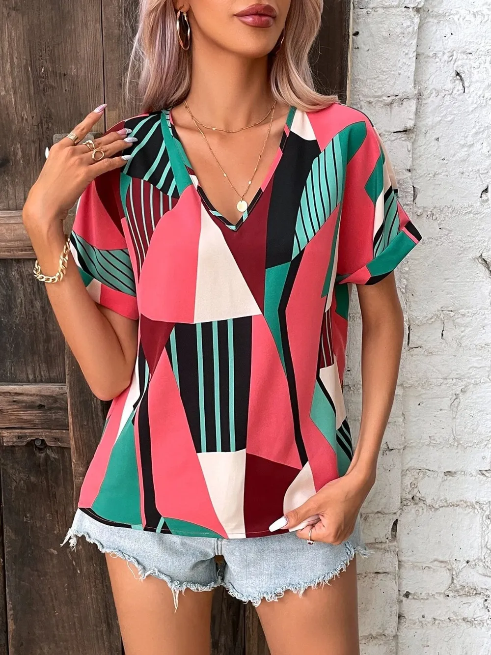 Printed V-Neck Short Sleeve Blouse, image 7
