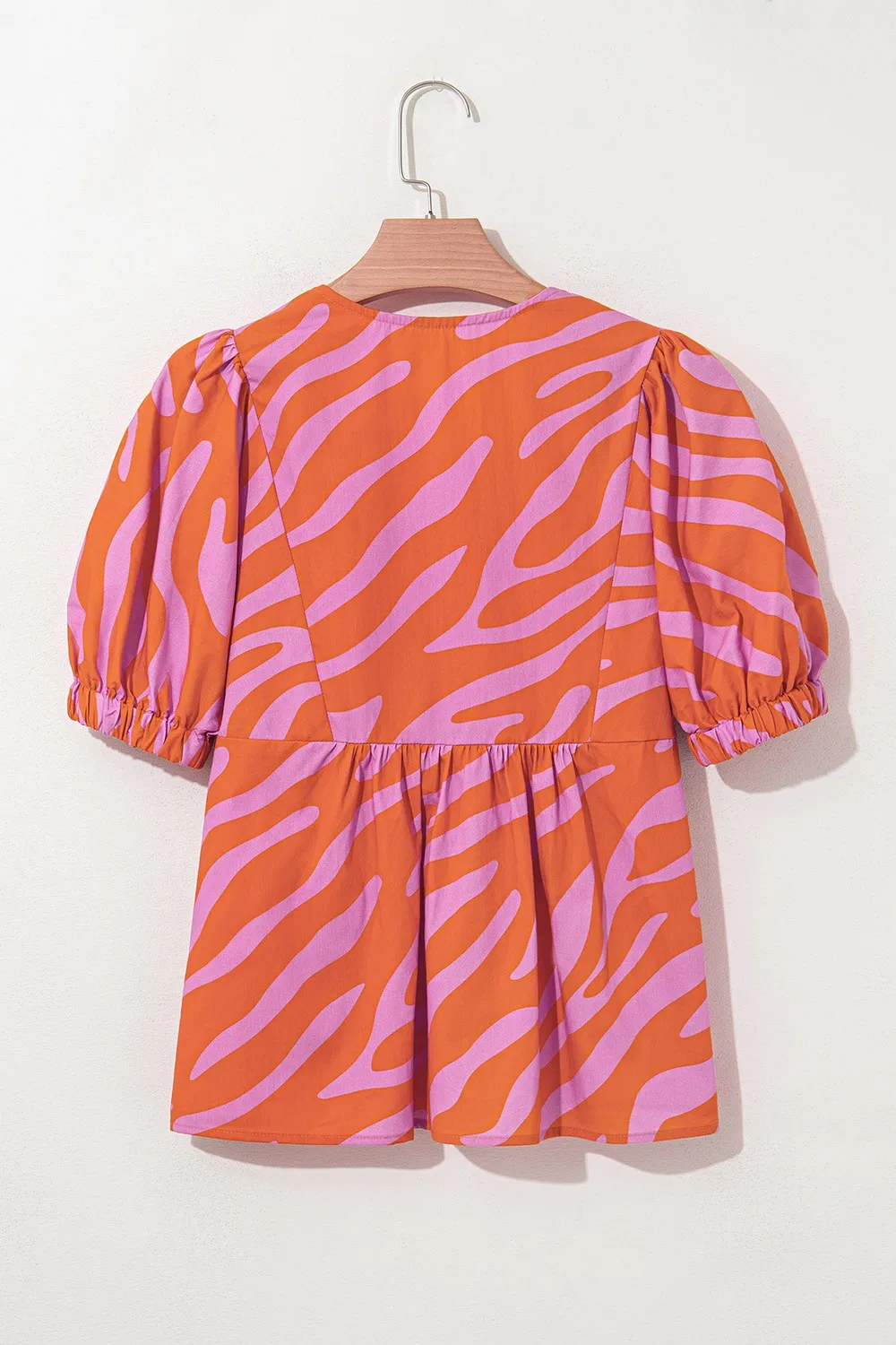 Zebra Stripe Print Ruched Cuff Half Sleeve V Neck Blouse, image 4